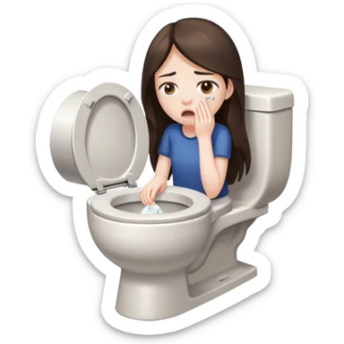 girl with long dark brown hair and pale skin hungover vomits into a toilet sticker