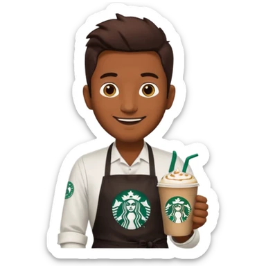 create a sticker of my male bangladeshi friend who is supervisor at starbucks plus coffemaster so black apron woth coffeemaster on it and starbucks logo sticker