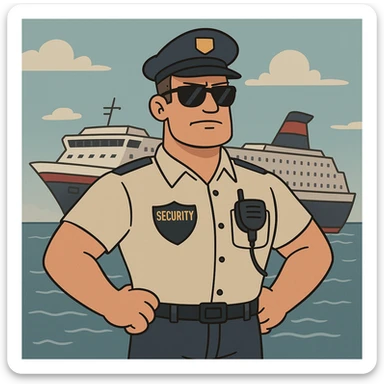 a ship security guard wearing sunglasses, standing confidently, uniformed, with a ship in the background, modern cartoon style sticker