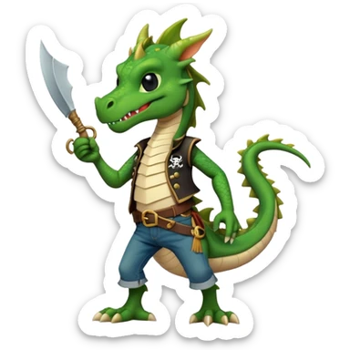 friendly anthropomorphised dragon in a band t-shirt and jeans with a pirate eye-patch walking upright, relaxed pose sticker