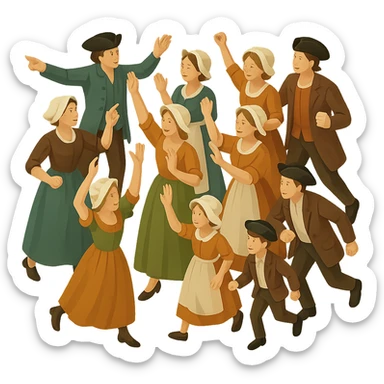 Create an isometric full body illustration of an 18th century crowd in a different pose. Include men, women, and children wearing period-appropriate clothing and hats. The arrangement should be dynamic and lively. No background and no text. sticker