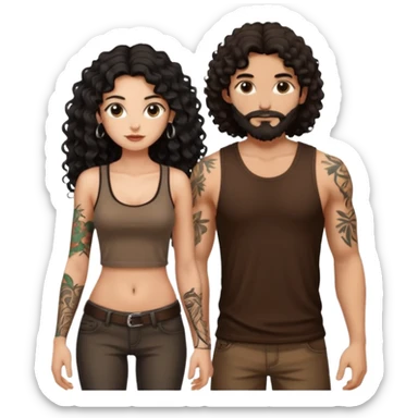 a pretty bratz fair girl with black long curly hair in a brown tank top with tattoos standing with a handsome tattooed tall guy sticker