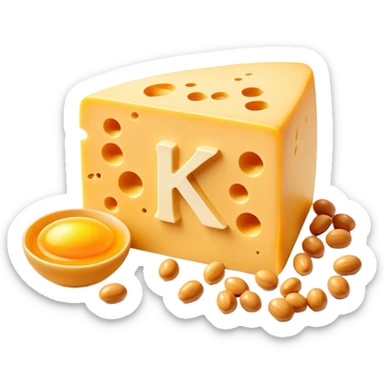 Ethereal glowing vitamin K2 symbol surrounded by aged cheese, golden egg yolk, and natto. A single bone floats nearby with a golden dot where calcium is being properly deposited, showing how K2 guides calcium to strengthen bones. sticker