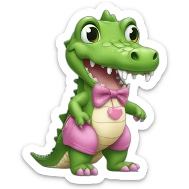 i need a crocodile emoji but this crocodile must be pink. he has a baby pacifier in his mouth and a bow on his head. he also holds a teddy bear in his paws sticker