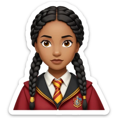 Angelina Johnson in harry potter, wear hogwarts gryfindor uniform,  thick, black hair worn in braids, reflecting her bold, stylish, and strong personality sticker