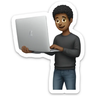 A young man holding a macbook sticker