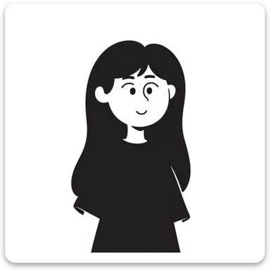white girl, black long straight hair, brown eyes, dark eyebrows, small lips, black t-shirt sticker