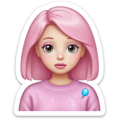 “Emoji girl, pastel pink blush, sparkly wide eyes, glossy bubblegum lips wearing oversized pastel sweater.” sticker