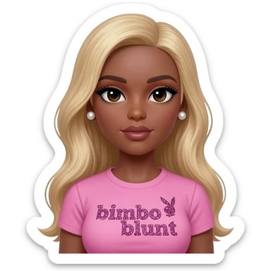 doll body , dark brown eyebrows, dark skin girl, pearl earrings stud, Long giant lashes, bimbo, black doll eyes, barbie, dark brown skin, with blonde hair, big breast, pink 2000s t shirt says on the sparkling text “bimbo blunt” on playboy logo sticker