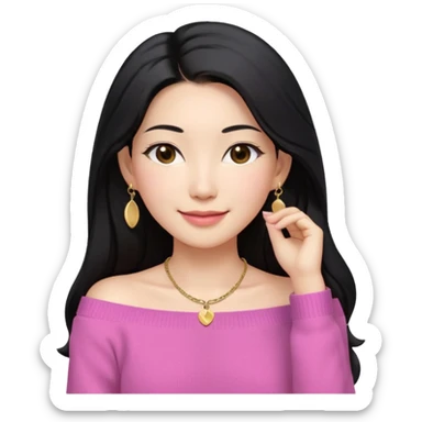 South Korean girl in her mid-thirties with long black hair parted in the middle. She is wearing a pink, off the shoulder long sleeve knit sweater, extra small gold earrings and a gold necklace. She has brown eyes with narrow, mono lid shape and smiling with lips together sticker