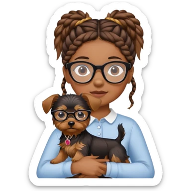 A girl with brown braids and glasses is holding a Yorkshire Terrier. sticker