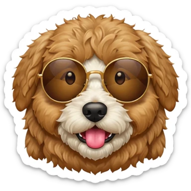 Create a  circle golden doodle dog with brown eyes emoji  sticking its tongue out with sunglasses on sticker