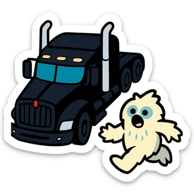 Remove the background, keep only the black Kenworth W680 flat top semi truck and the small furry abominable snowman, top-down vibrant toon style, colorful and playful, no text. sticker