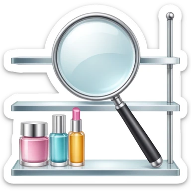 front view magnifying glass over beauty product shelf searching for last item sticker