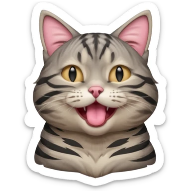 A high-resolution photo-realistic digital illustration of a solid grey tabby cat, eyes closed, head titled up yawning sticker