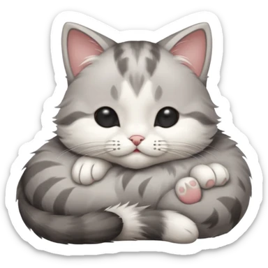 grey and white small cat with its eyes closed lying down with its head resting own paw sticker