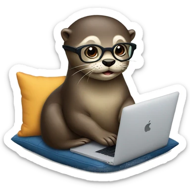female otter with glasses use a macbook while seated against a pillow sticker