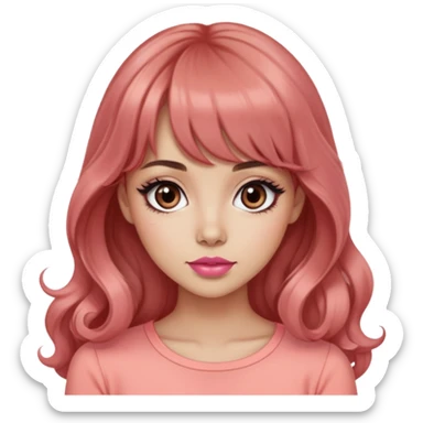 cute woman, light tan skin, big black eyes, very long wavy auburn hair, bangs, pink top, coral lipstick sticker