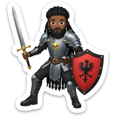 African American with long black dreadlocks with black beard wearing a black knight amour wearing wearing black Air Force 1 low top shoes holding a shield and a double edge sword sticker