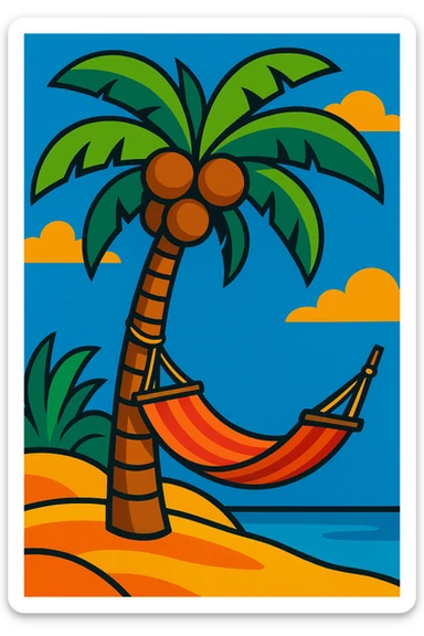 palm tree with coconuts and a hammock, relaxing vacation vibe sticker