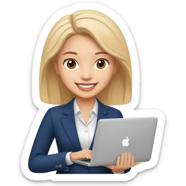 Business woman emoji, holding a laptop, smiling sticker