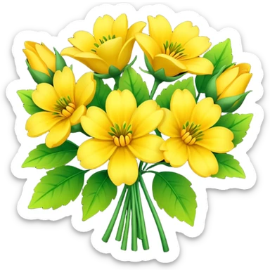 Generate a high-quality image of a bouquet of flowers dominated by yellow blooms, with a mix of green leaves, realistic colors and shading, smooth gradient colors, no human figures, no facial features, no brand markings, simple white background, high-resolution.
 sticker