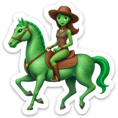 reptilian alien green woman, rides brown horse
 sticker
