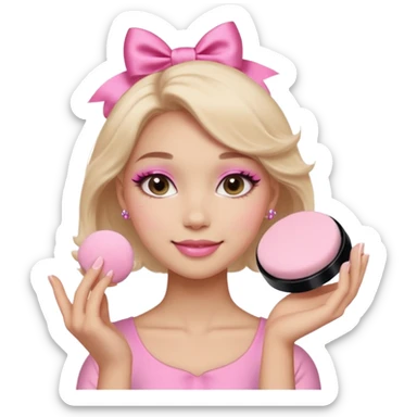female face, light skin tone, small simple closed smile. One hand visible holding a round fluffy pink makeup powder puff pressed to the cheek; the puff has a small satin bow. sticker
