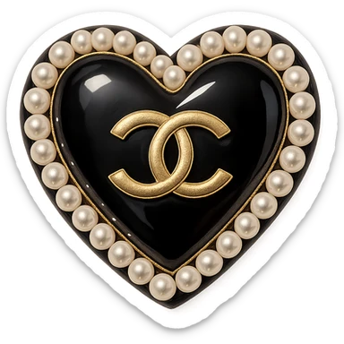  only the elegant heart with pearls and gold Chanel logo, glossy, pastel colors, realistic style, with no background. black pink,  sticker