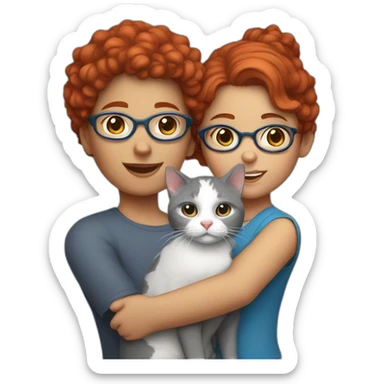a girl with red curly hair and blue glasses with a white and gray cat in her arms sticker