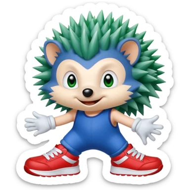 Blue anthropomorphic hedgehog, spiky hair, large green eyes, confident smile.Wearing red sneakers with white straps and white gloves. sticker