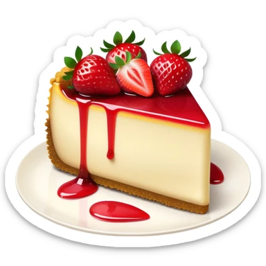 Cinematic creamy cheesecake, smooth and velvety, topped with fresh strawberries and a glossy fruit glaze, golden crumbly crust, beautifully plated, soft glowing background, indulgent and elegant. sticker