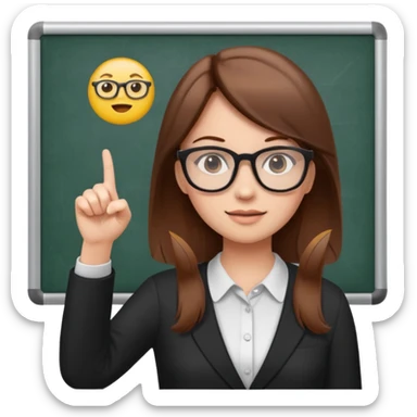 Make an emoji of a girl with brown hair who is teaching how to make emojis on a board pointing to the board like a teacher sticker