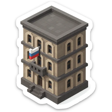 old Saint Petersburg building in voxel style, gray-brown tones, Russian flag on a small flagpole attached to a balcony, isometric view sticker