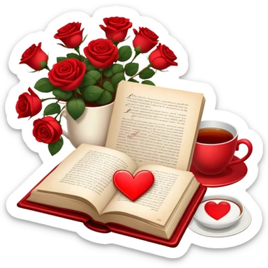 Icon for Romance Reading: an open book with a heart-shaped bookmark, surrounded by roses, a love letter, and a cup of tea. The icon should evoke the warmth, passion, and emotional depth of a love story. Transparent background sticker