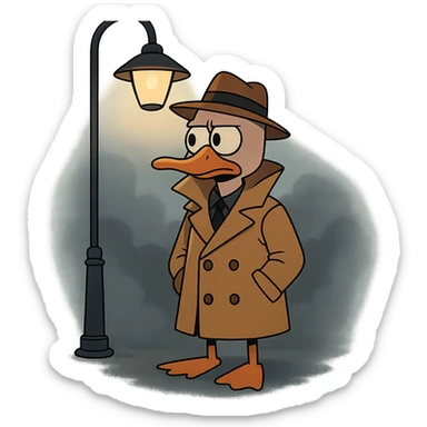 mysterious atmosphere duck detective in raincoat standing under a streetlamp with foggy background sticker