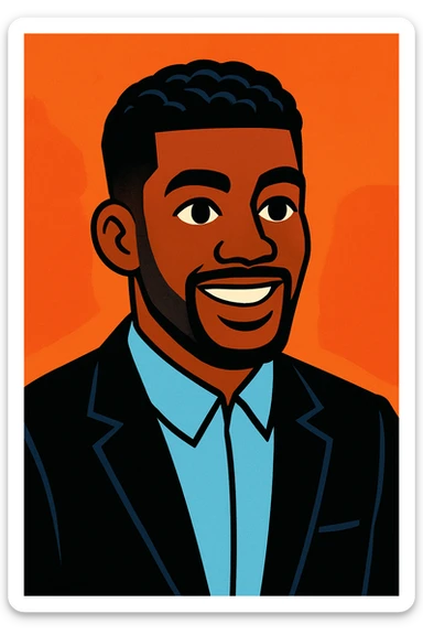 male Afro-American with neat haircut and wavy hair, dressed in black suit and light blue shirt, vibrant toon style sticker