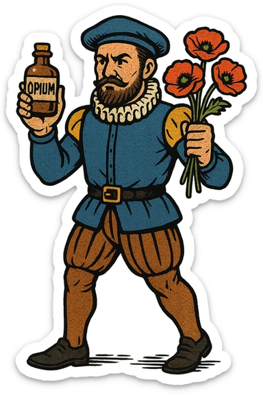 the full body of a tudor explorer sailor holding poppies and an old medicine bottle with the word opium on it sticker