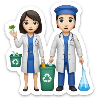 an otter disguised as a woman garbage collector next to a white man mad scientist with dark hair sticker