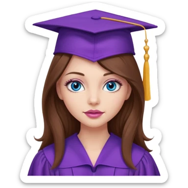 girl with beautiful long brown hair, blue eyes, long lashes makeup, sexy pink lips, wearing a purple graduation cap and gown sticker