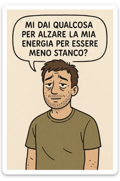 uomo che dice in una nuvoletta "mi dai qualcosa per alzare la mia energia per essere meno stanco?" sticker