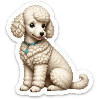 cinematic-[poodle]-realistic-full-body-sitting-emoji,-tail-resting-loosely-beside-its-paws,-head-tilted-dramatically, -curly-[cream white]-fur,-simplified-yet-realistic-focused-features,-highly-detailed,-glowing-with-an-almost-sarcastic-glow sticker