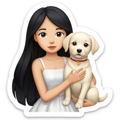 A beautiful girl with long black hair and a white dress is holding a white Labrador sticker