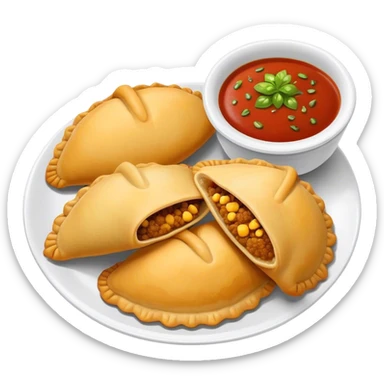 Cinematic Realistic Colombian Cornmeal Empanadas Emoji, showcasing the golden, crispy shell filled with savory meats and spices, served with a side of aji dipping sauce, rendered with vibrant textures and warm, inviting lighting. sticker