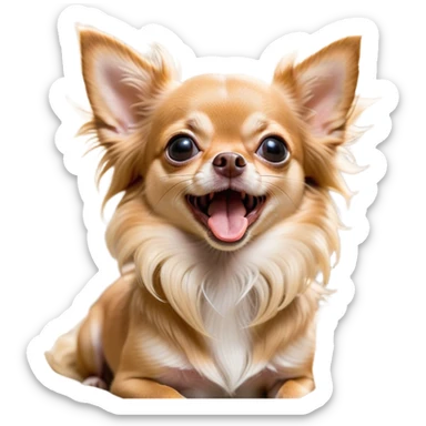 Cinematic Cute Yawning Long Haired Fawn Chihuahua Portrait Emoji, Head tilted slightly with a dramatic, wide-open yawn, flowing long fawn hair with delicate highlights, floppy ears slightly drooping, round dark eyes barely open in drowsy contentment, Simplified yet irresistibly adorable features, highly detailed, glowing with a soft, cozy glow, high shine, relaxed yet expressive, stylized with a touch of whimsy, bright and endearing, soft glowing outline, capturing the essence of a sleepy yet affectionate companion, so drowsy it feels like it could stretch right out of the screen and curl up for a nap! sticker