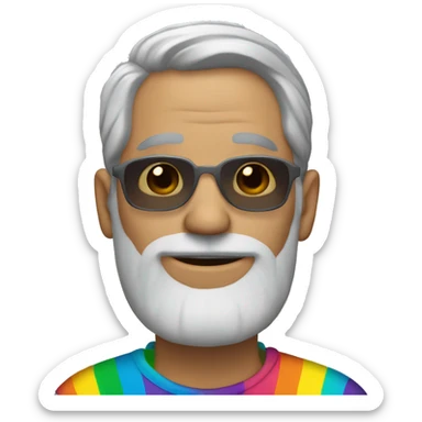 British Man with grey hair and grey beard and with shades and earring with rainbow tshirt  sticker