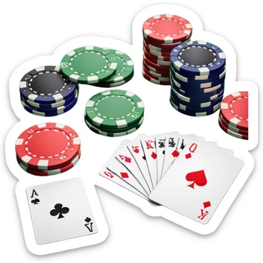 A photorealistic icon featuring playing cards and a stack of poker chips on a green felt table. Bright, detailed design with realistic textures and lighting. Transparent background, clearly symbolizing card games and strategy. sticker