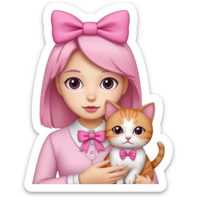 A gurl with pink bow holding a cat sticker