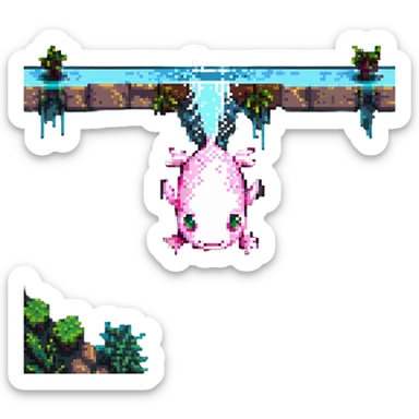 Minecraft axolotl swimming, pixel art, blocky water effects, cheerful expression sticker