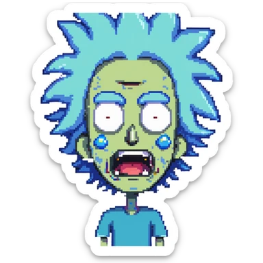 Rick from Rick and Morty with angry expression, wild blue hair, furious face sticker